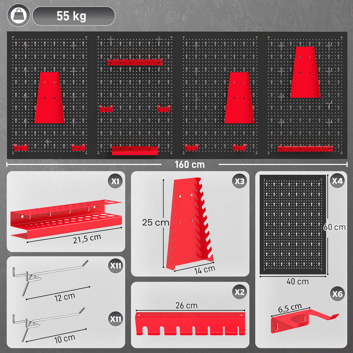 Dimensions et contenu du kit panneau perforé 160 cm charge 55 kg