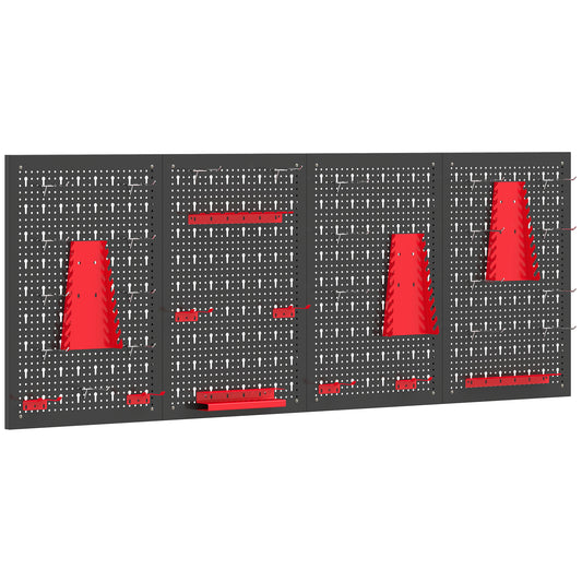 Panneau mural perforé 160 cm 4 panneaux acier noir et rouge avec supports et crochets