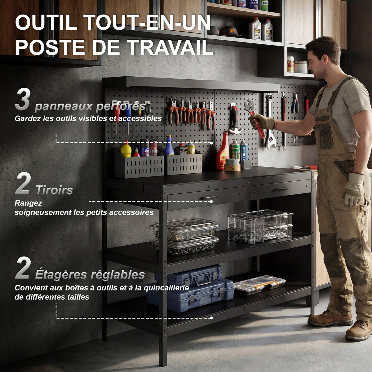 Établi d'atelier - étagères réglables