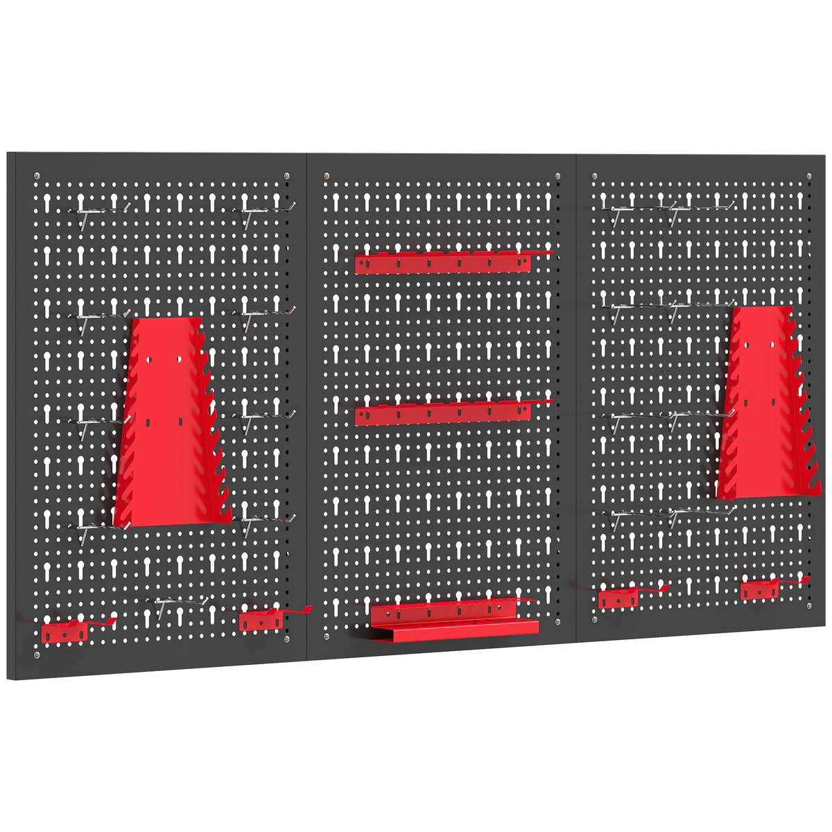 Panneau mural perforé 120 cm 3 panneaux acier noir et rouge avec supports et crochets