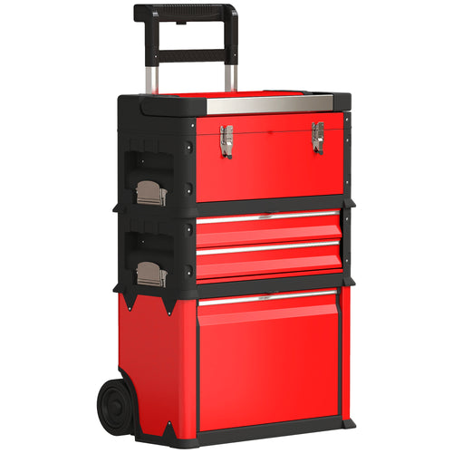 Lot de 3 boîtes à outils modulaires rouges sur roulettes avec poignée télescopique