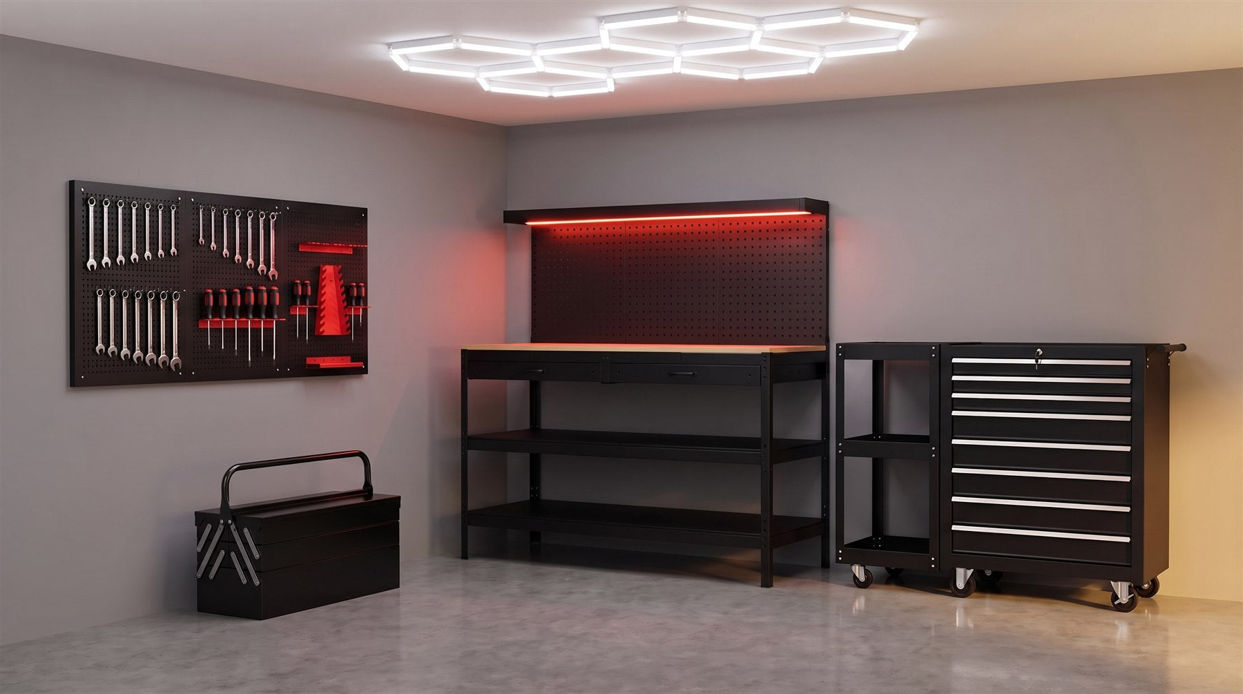 Le même garage équipé : établi, panneau perforé, servante, caisse à outils et éclairage LED