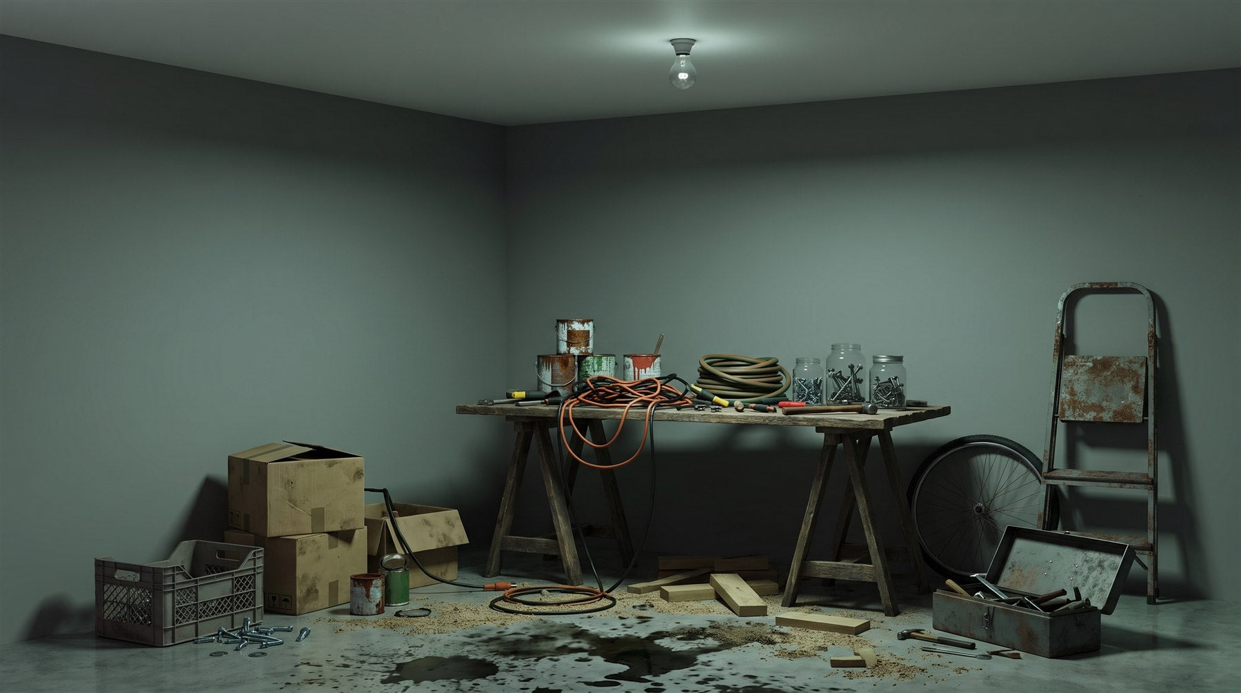 Un garage encombré, outils entassés sur une table et cartons au sol