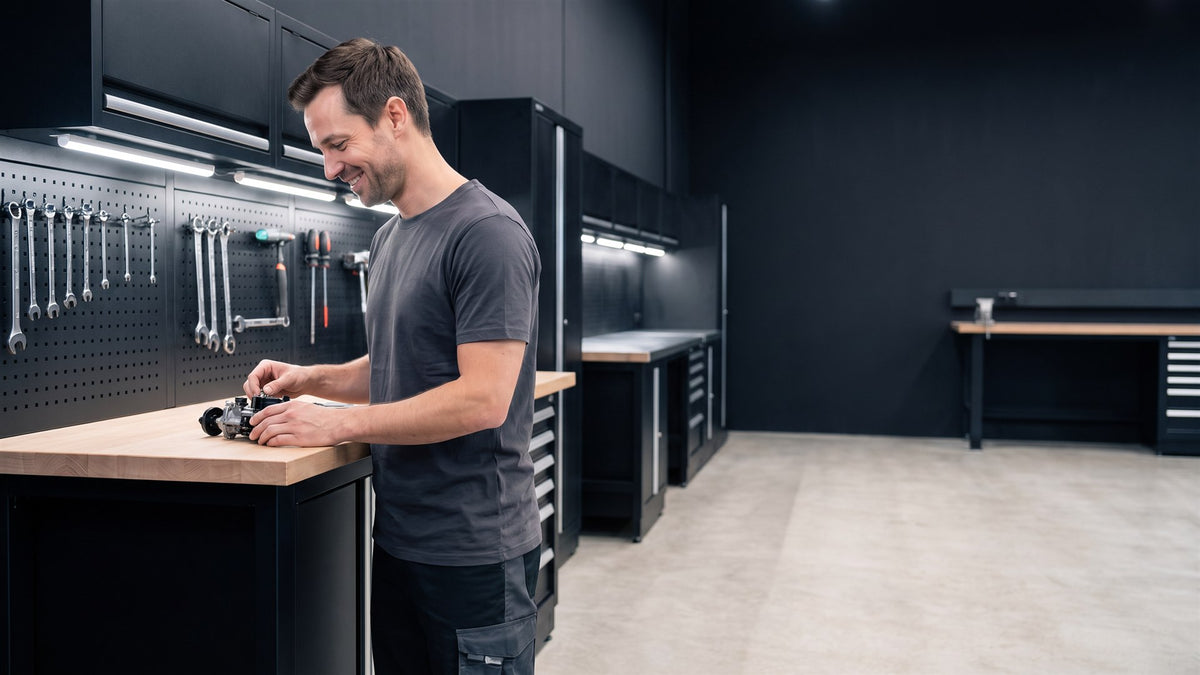 Un bricoleur travaille a son etabli d atelier a panneau perfore