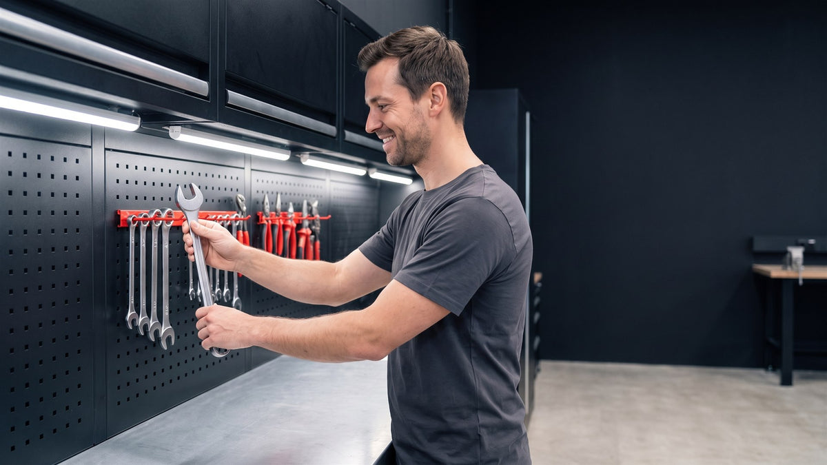 Un bricoleur range ses cles sur son panneau mural perfore