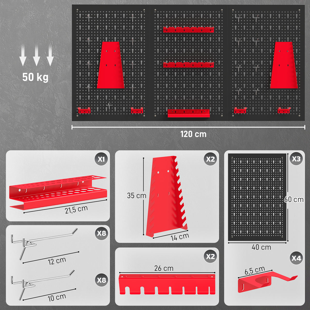 Dimensions et contenu du kit panneau perforé 120 cm charge 50 kg
