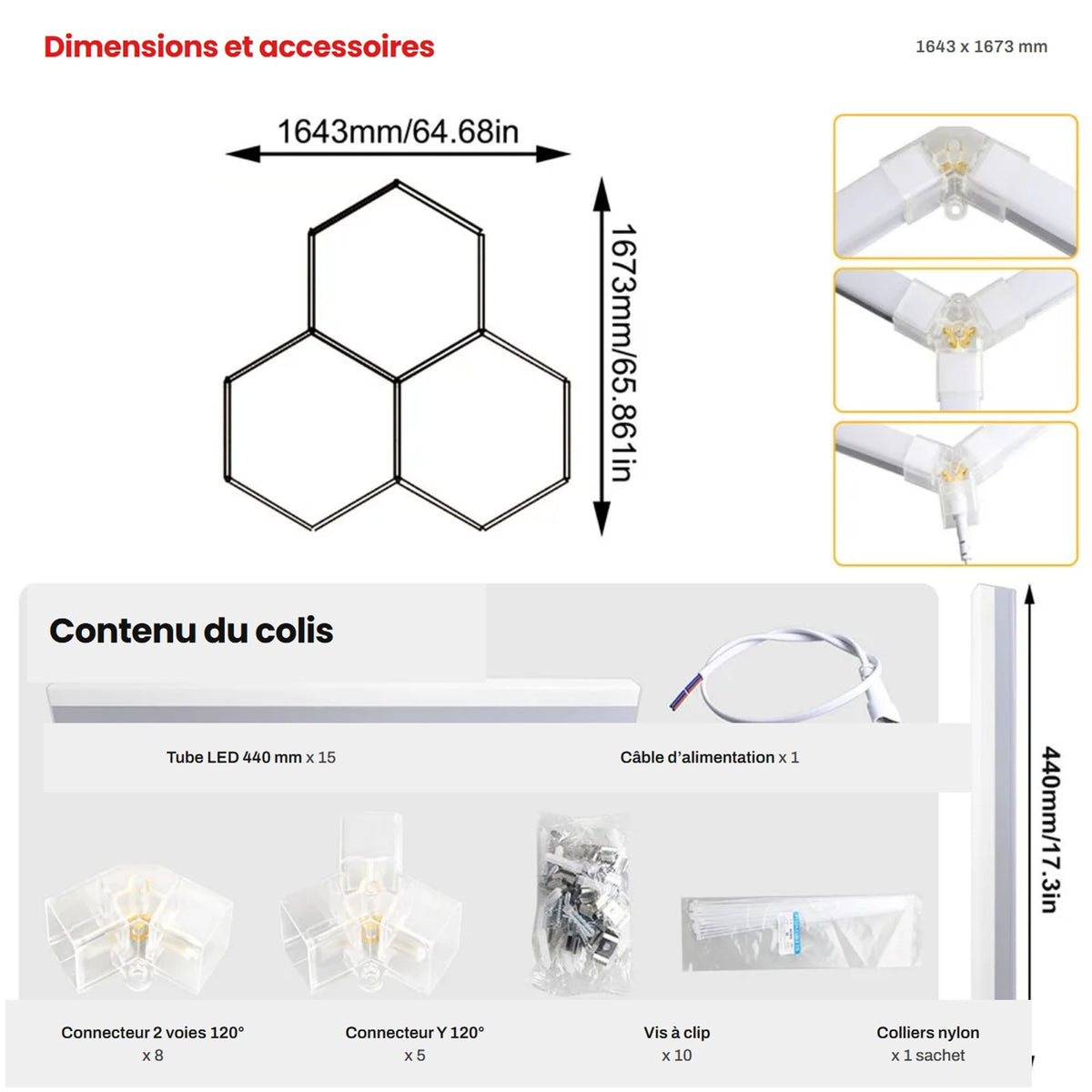 Dimensions et contenu du colis, 3 hexagones