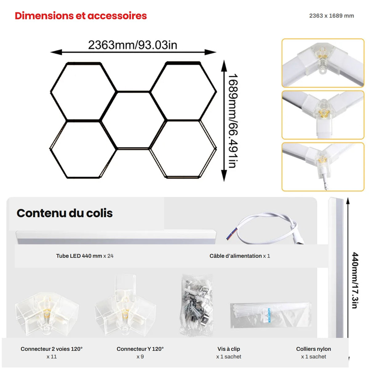 Dimensions et contenu du colis, 5 hexagones