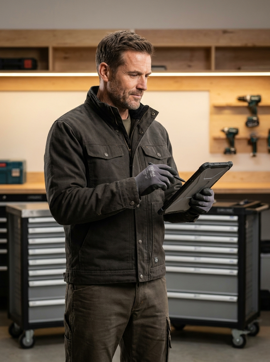 Professionnel du bâtiment consultant une tablette pres d'un rangement d'atelier BricoDock