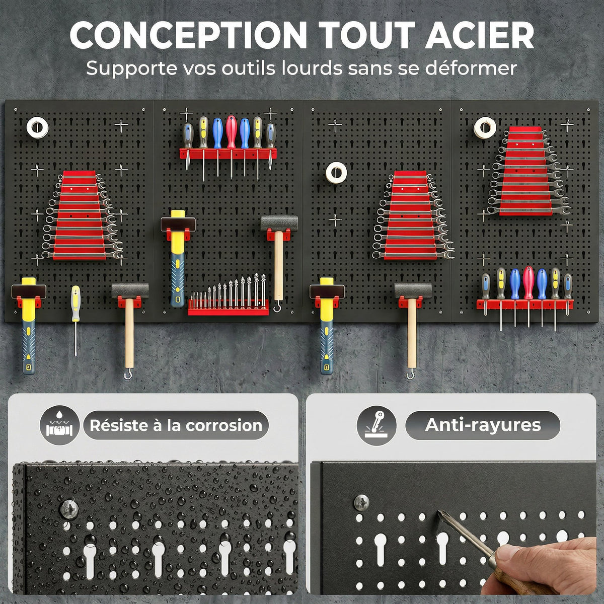 Détail des supports et crochets du panneau perforé