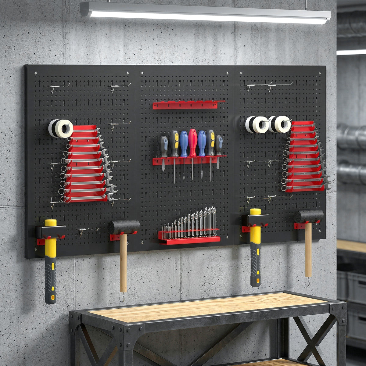 Panneau perforé installé en atelier avec outils rangés