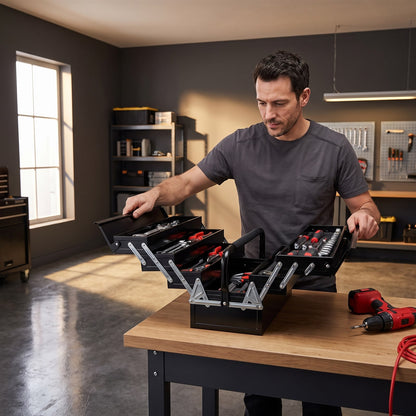 Un bricoleur ouvre sa caisse a outils noire, plateaux deployes en eventail