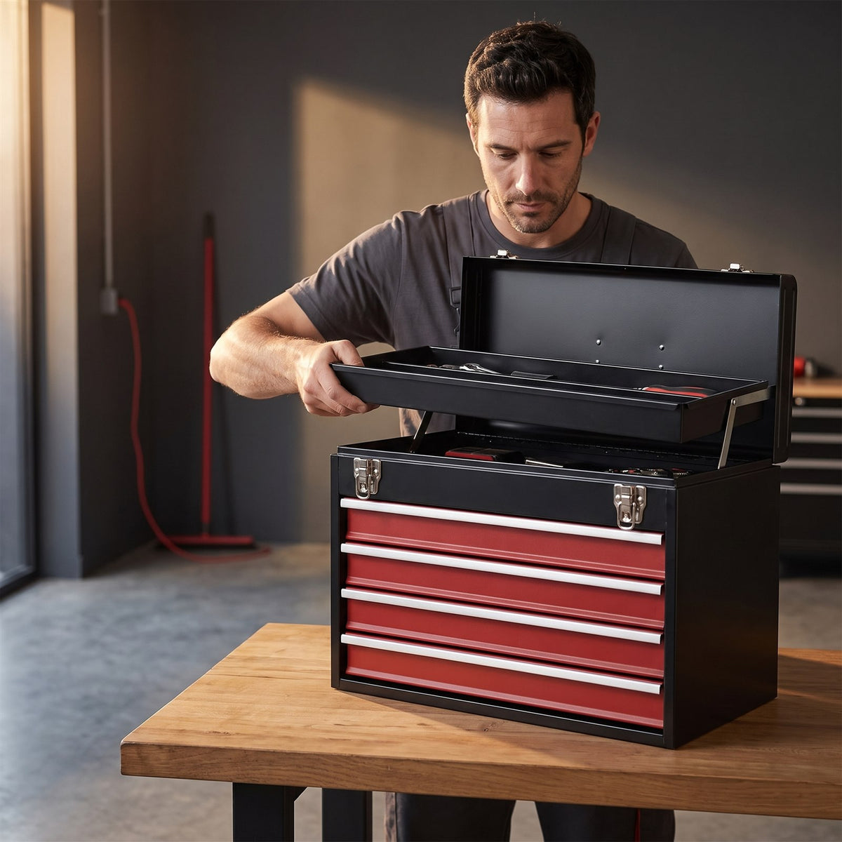 Un bricoleur souleve le plateau amovible de sa boite a outils metallique