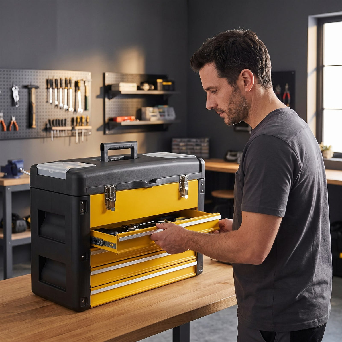 Un bricoleur ouvre un tiroir de sa boite a outils jaune sur son etabli