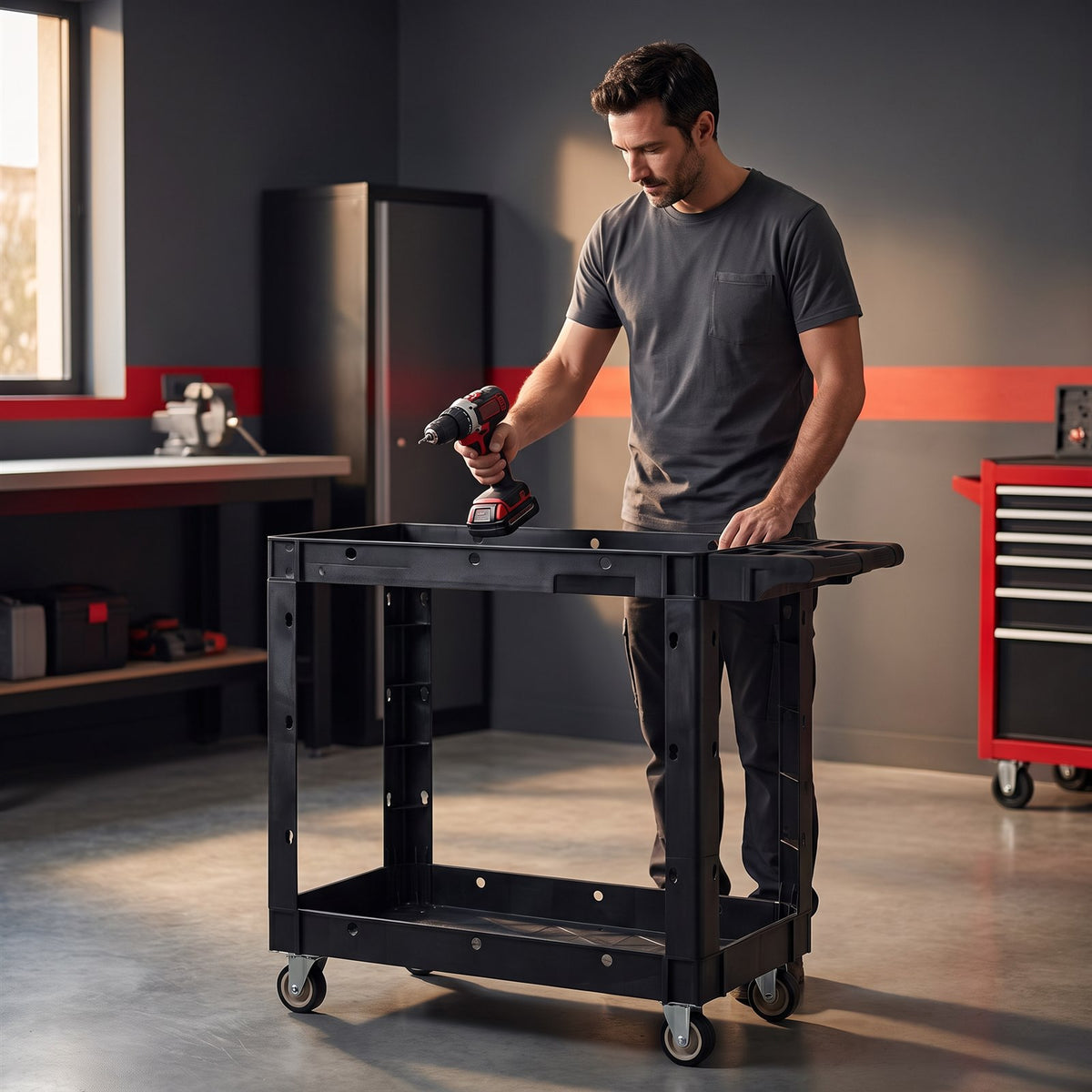 Un bricoleur pose une visseuse sur le plateau de son chariot d atelier