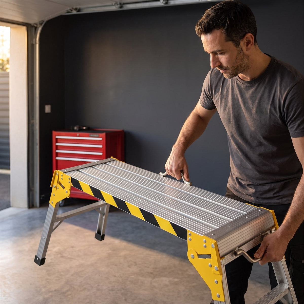 Un bricoleur deplie son etabli pliant en aluminium d une main