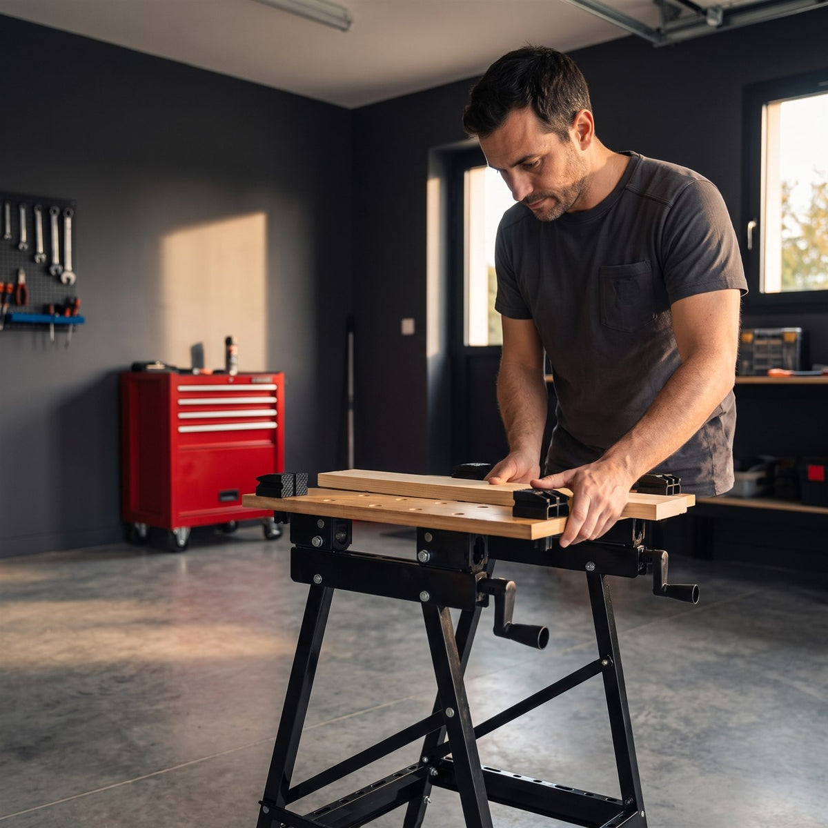 Un bricoleur serre une planche dans les serre-joints de son etabli pliant