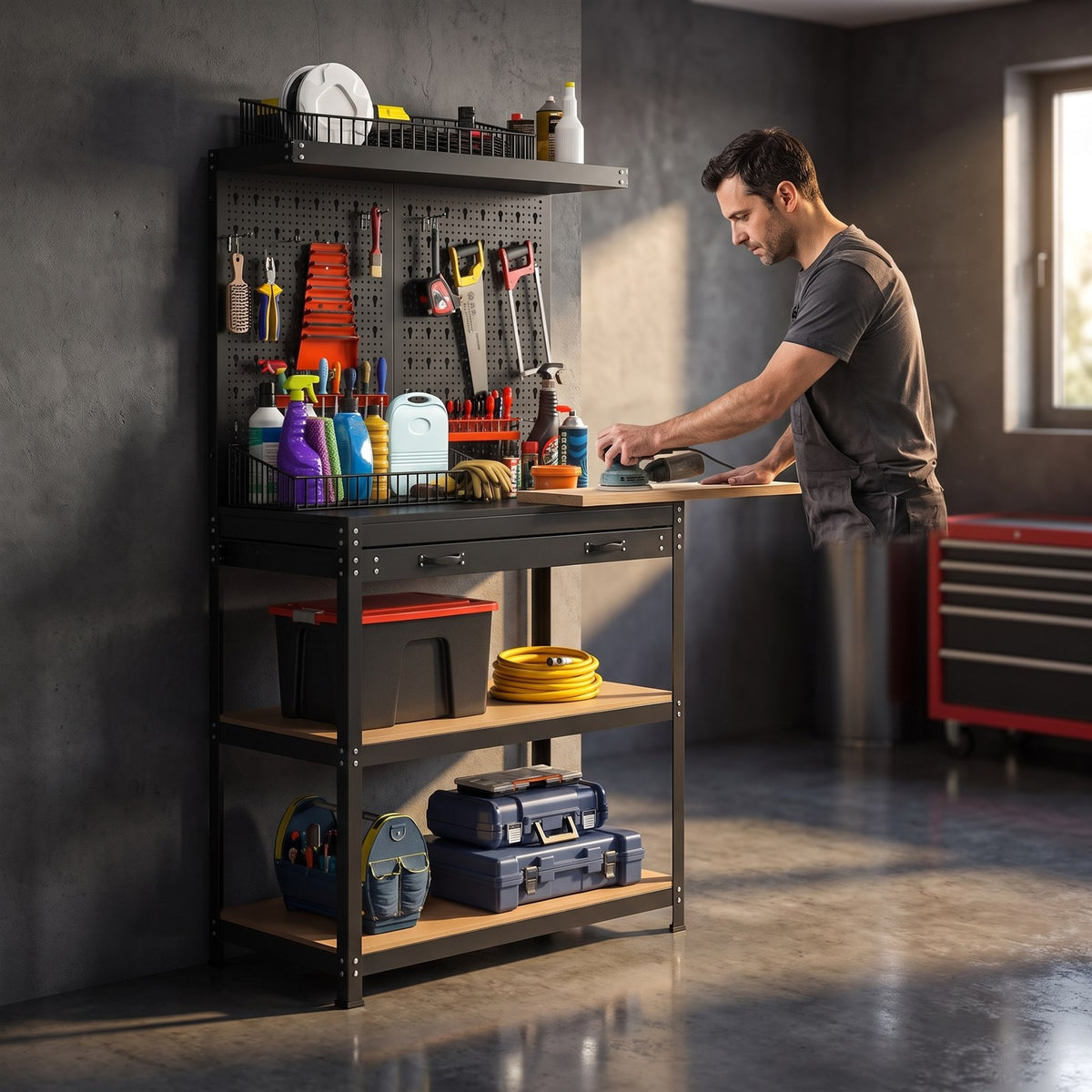 Un bricoleur ponce une planche sur son etabli d atelier compact