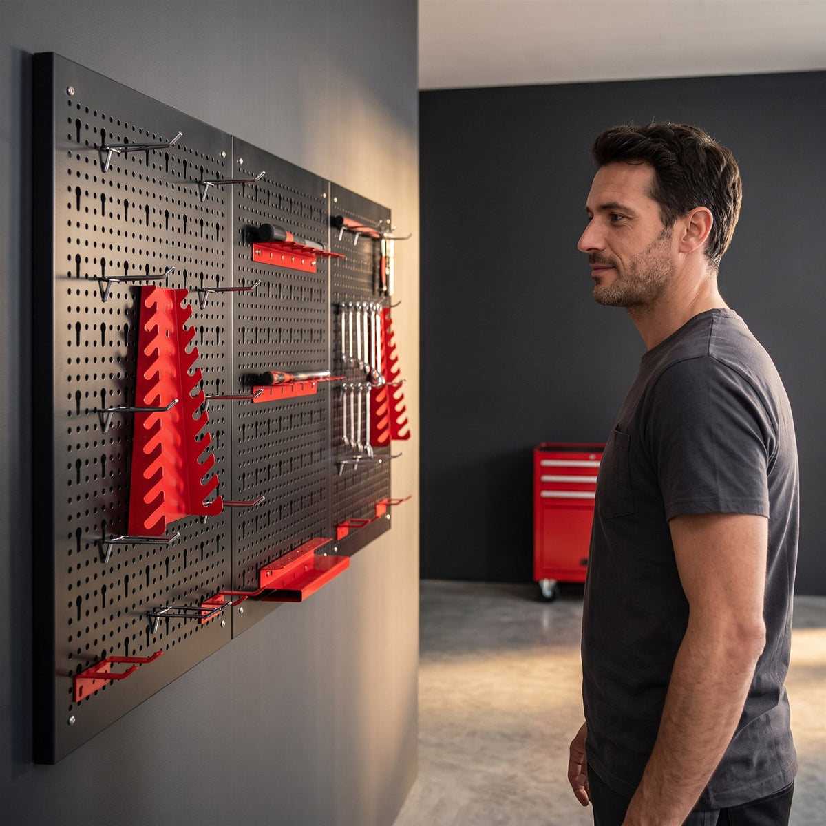 Un bricoleur observe son panneau mural perfore une fois garni d outils