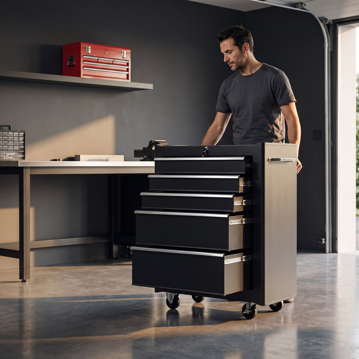 Un bricoleur roule sa servante 5 tiroirs vers son etabli